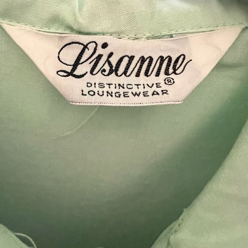 Vtg Lisanne Mint Green Button Down Housecoat Robe Lace Collar Pockets Cotton SS - Picture 10 of 16